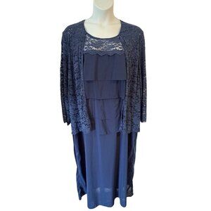Navy Blue Lace Overlay Tiered Dress Faux Jacket 3/4 Sleeve Womens 5XL One Piece
